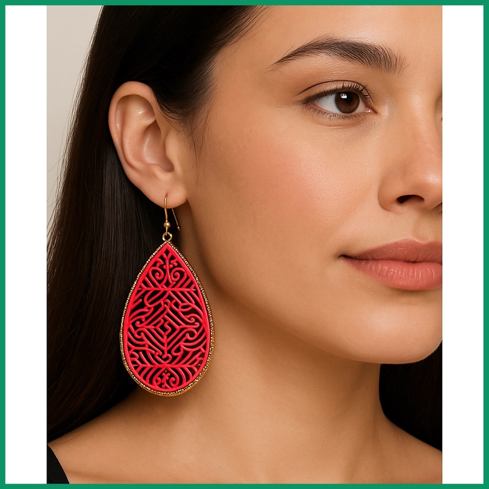 Coral Red & Gold Abstract Tear Drop Earrings